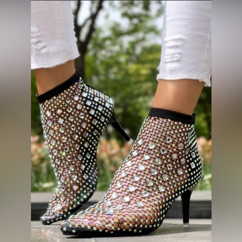 Monarchess Elegant Black Rhinestone Mesh Ankle Boots